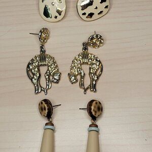3 Pairs of Safari-Themed Earrings: White Gold Leopard Spot Studs, Dangling Cat